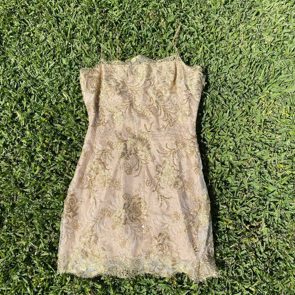 Laced Beautiful Pink Gold Spaghetti Strap Mini Zip-Up Women's Dress Small